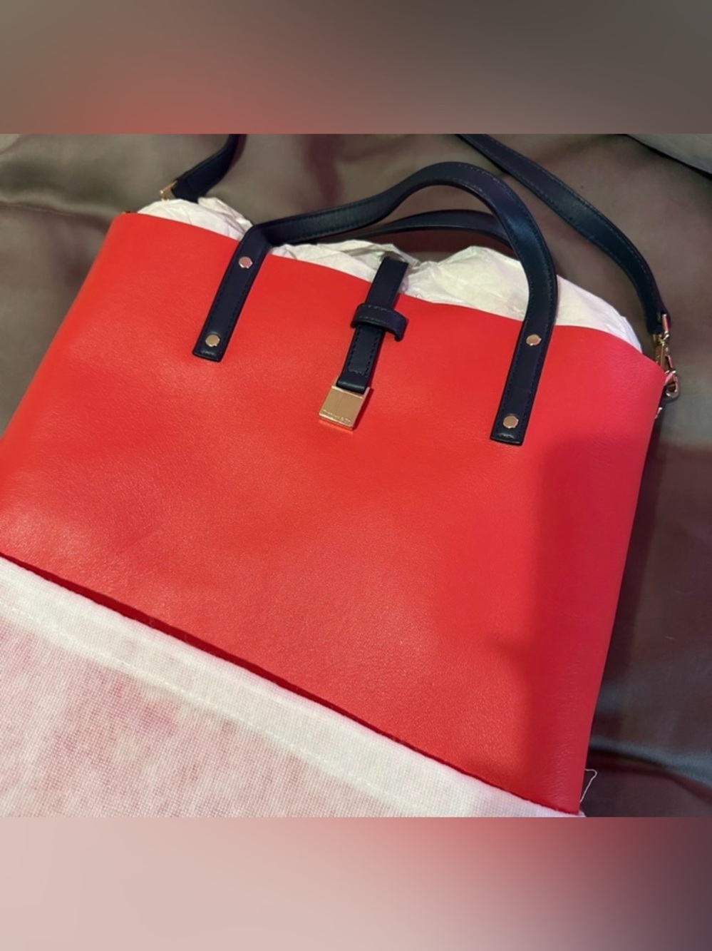 Tiffany & Co. Red Tote with Black Handles and Gold Accent